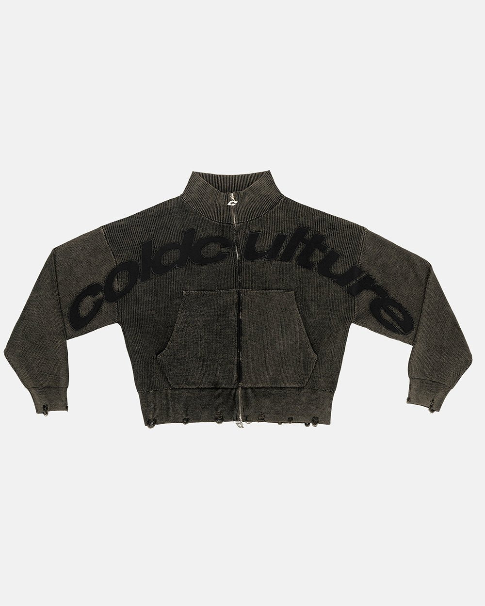 DISTRESS CURVED ZIP KNIT BLACK