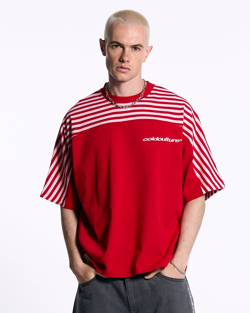 LOLLY HALF STRIPES TEE PINK AND RED