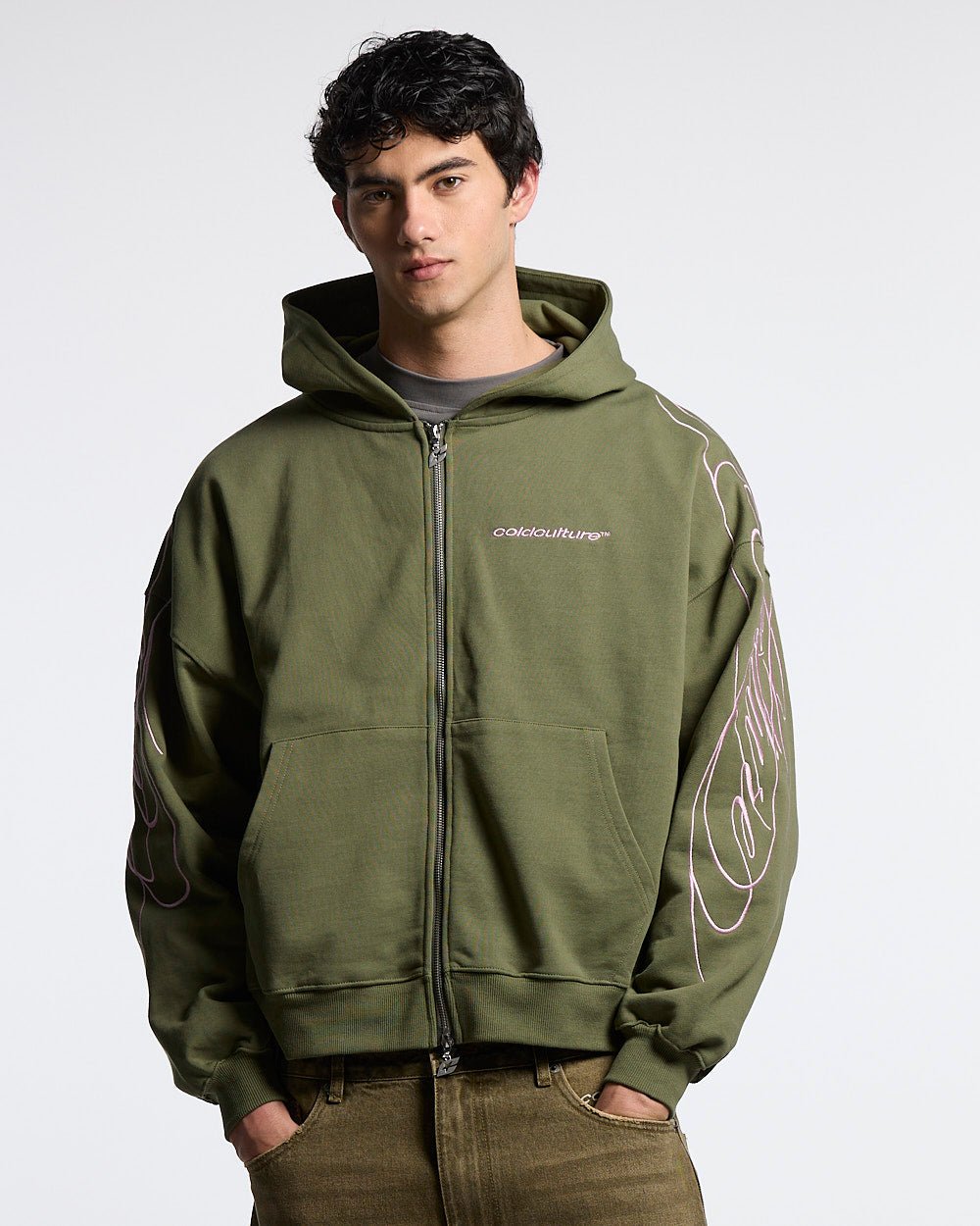 NEW SCRIPT ZIP HOODIE GREEN & PINK