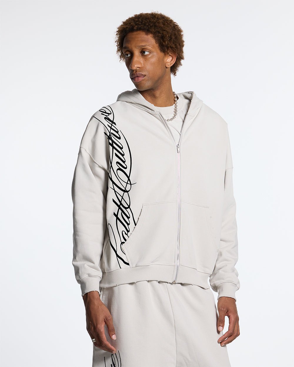 SCRIPT ZIP HOODIE LIGHT GREY